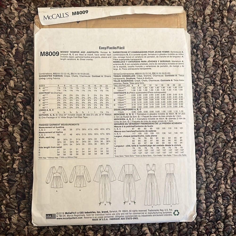 McCalls Jumpsuit Pattern M8009 - Sz A5 (6-8-10-12-14) - Picture 2 of 3